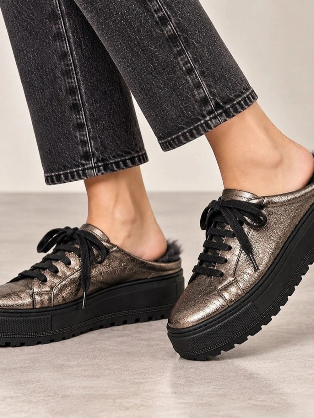 Brunello Cucinelli Metallic Lamé Leather Fur-Lined Platform Sneaker Mules 37/7